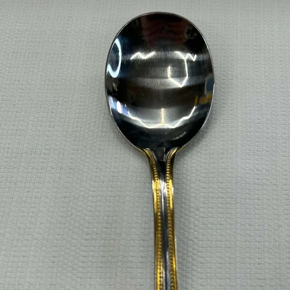 6 pc International Silver Royal Bead Gold Soup Tea Spoons Stainless Gold Trim